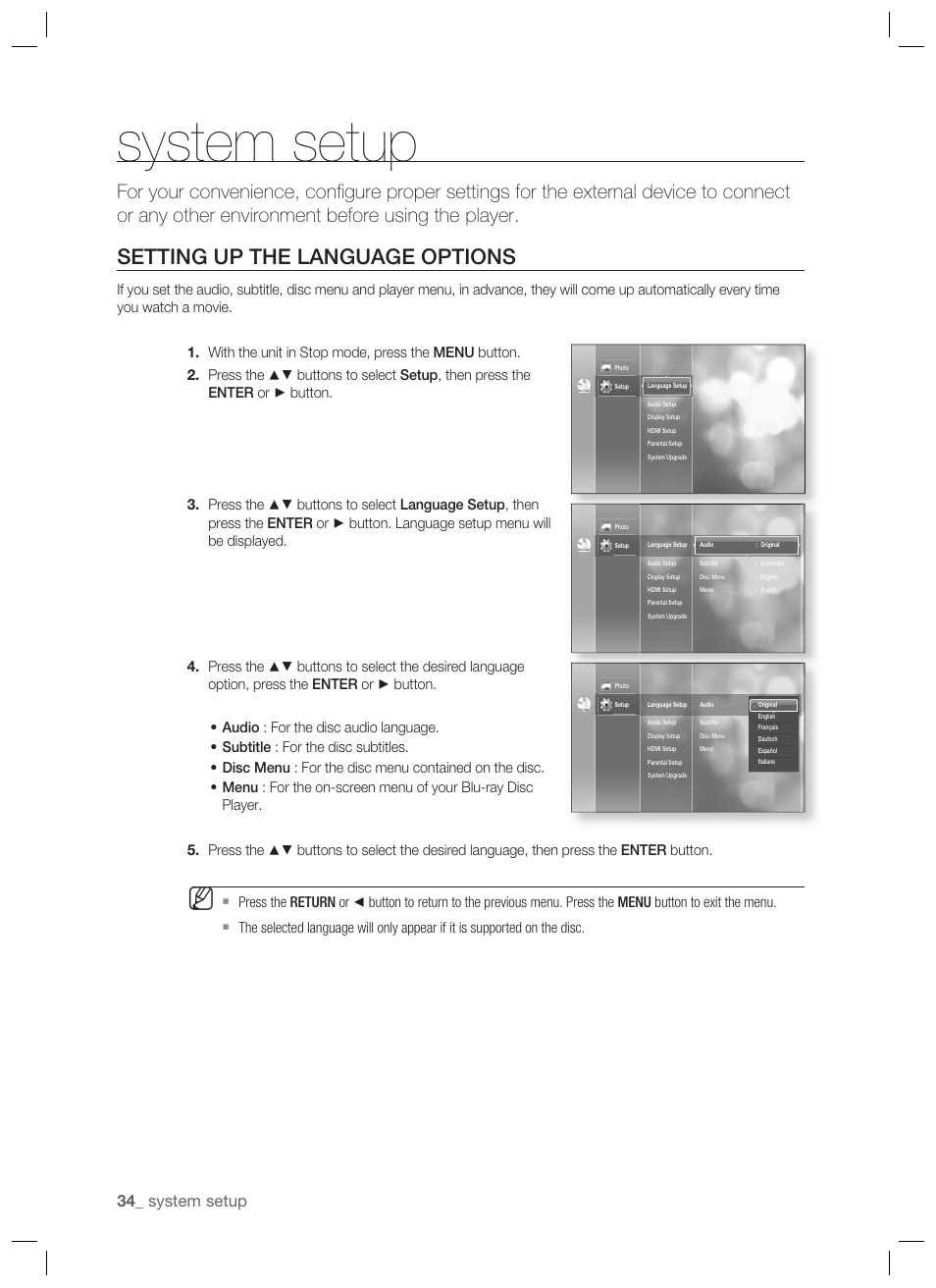 System setup, Setting up the language options | Samsung BD-P1400-XAA User Manual | Page 35 / 67