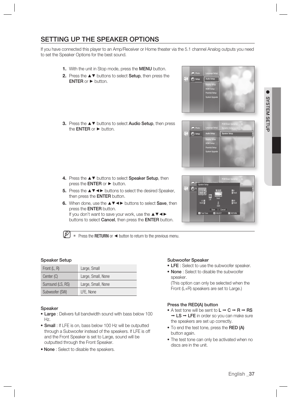 Setting up the speaker options, English, System setup | Samsung BD-P1400-XAA User Manual | Page 38 / 67