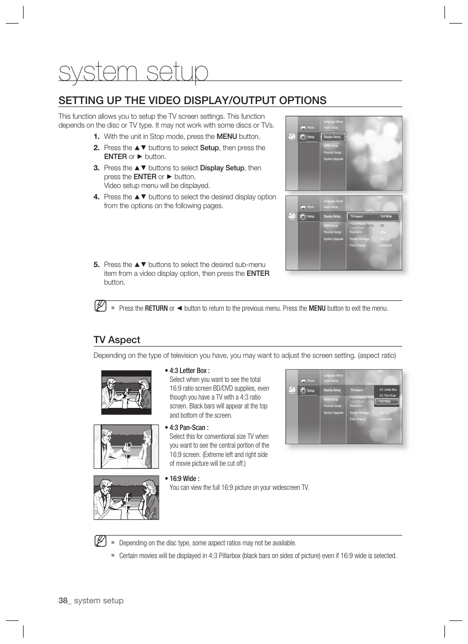 Setting up the video display/output options, Tv aspect, System setup | Samsung BD-P1400-XAA User Manual | Page 39 / 67