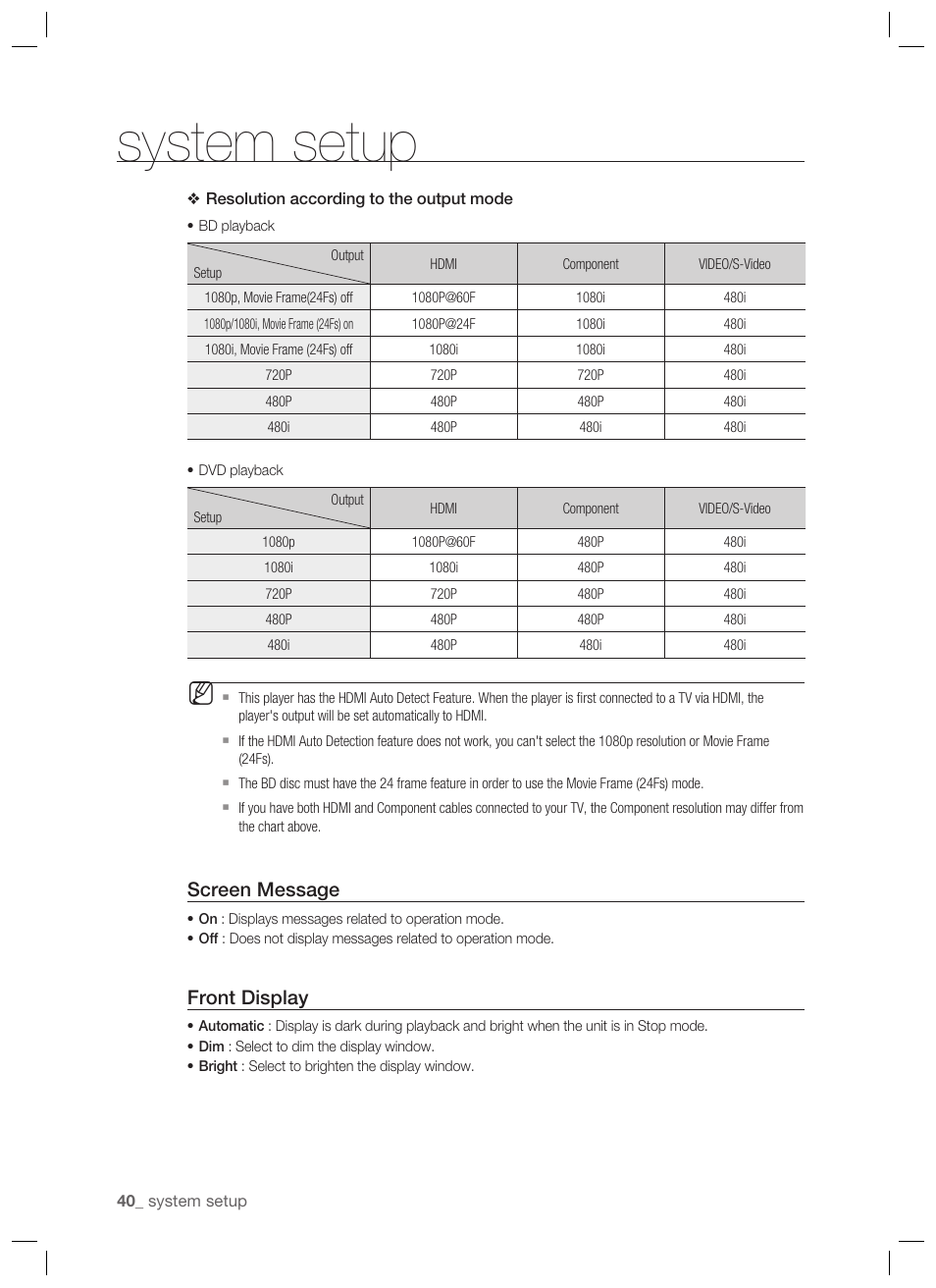 System setup, Screen message, Front display | Samsung BD-P1400-XAA User Manual | Page 41 / 67