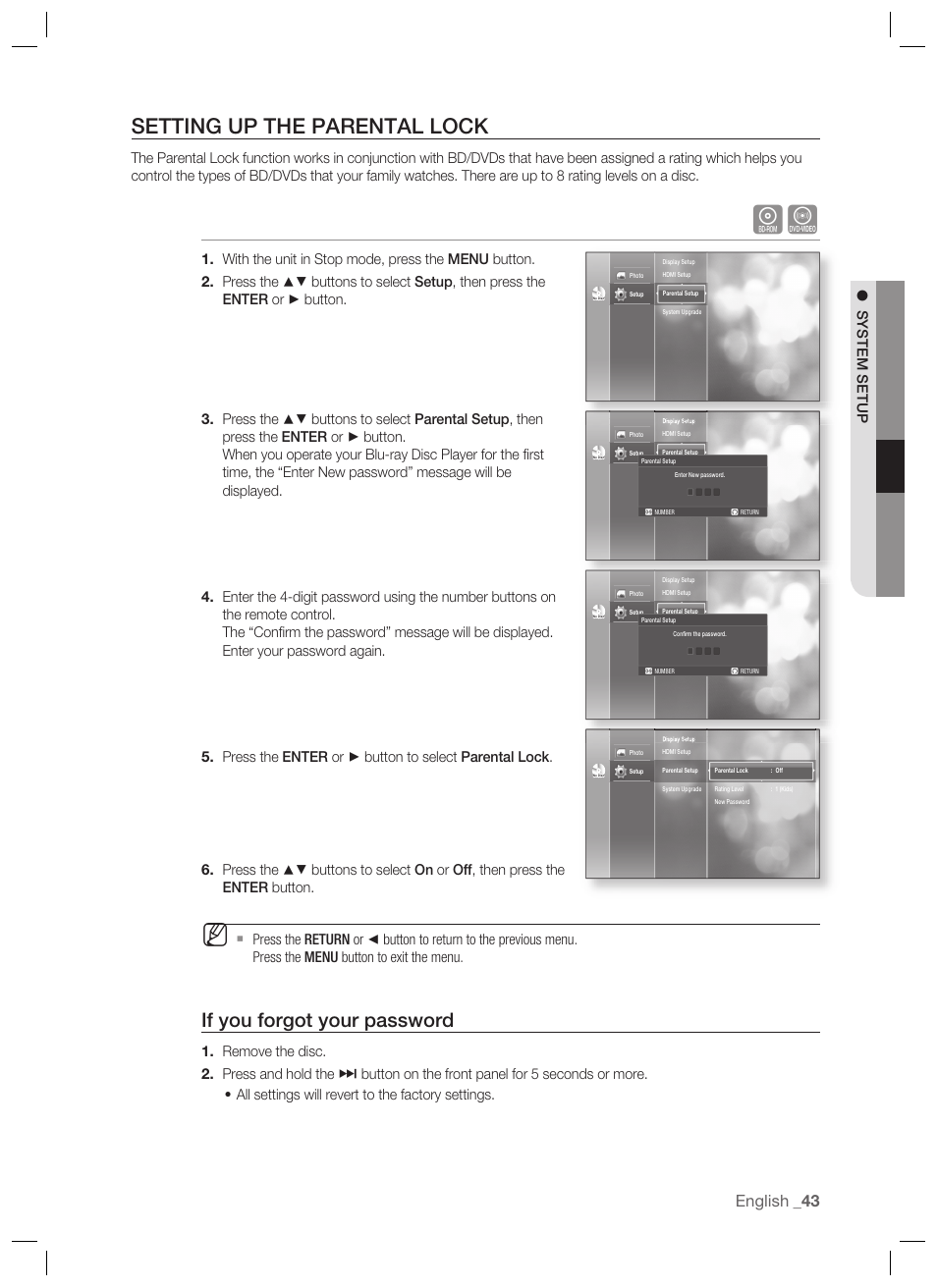 Setting up the parental lock, If you forgot your password, English | System setup | Samsung BD-P1400-XAA User Manual | Page 44 / 67