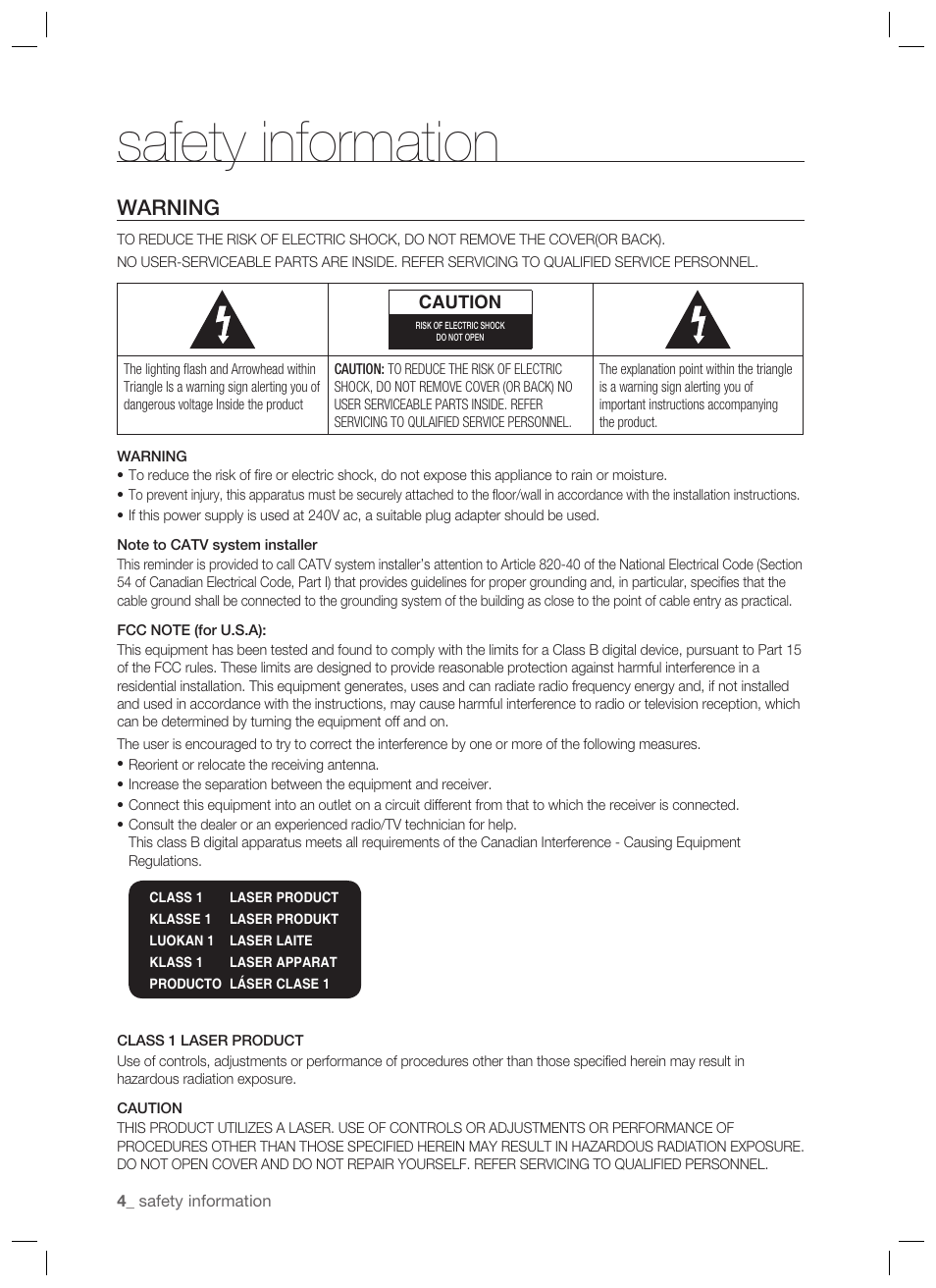 Safety information, Warning | Samsung BD-P1400-XAA User Manual | Page 5 / 67