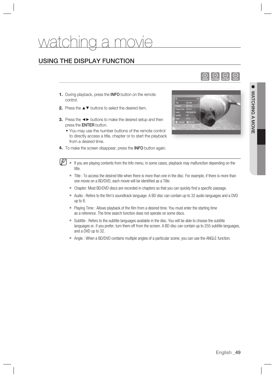 Watching a movie, Using the display function, Hzcv | Samsung BD-P1400-XAA User Manual | Page 50 / 67