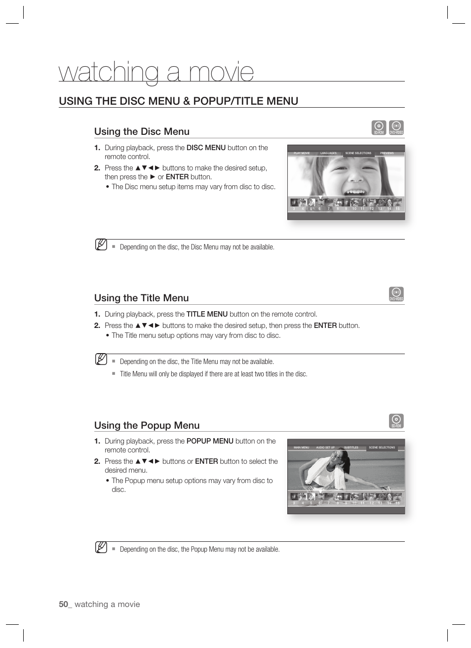 Using the disc menu & popup/title menu, Watching a movie, Using the disc menu | Using the title menu, Using the popup menu | Samsung BD-P1400-XAA User Manual | Page 51 / 67