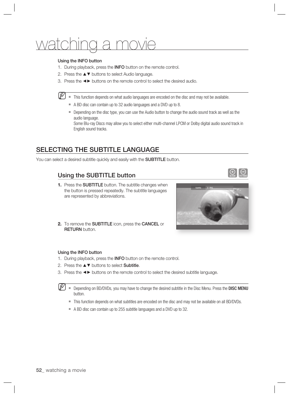 Selecting the subtitle language, Watching a movie | Samsung BD-P1400-XAA User Manual | Page 53 / 67