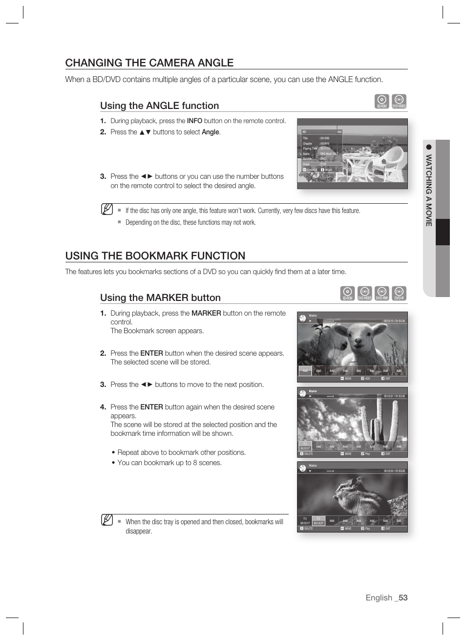 Changing the camera angle, Using the bookmark function, Hzcv | Using the angle function, Using the marker button, English, Watching a movie | Samsung BD-P1400-XAA User Manual | Page 54 / 67