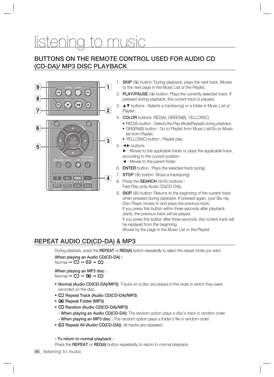 Repeat audio cd(cd-da) & mp3, Listening to music | Samsung BD-P1400-XAA User Manual | Page 57 / 67