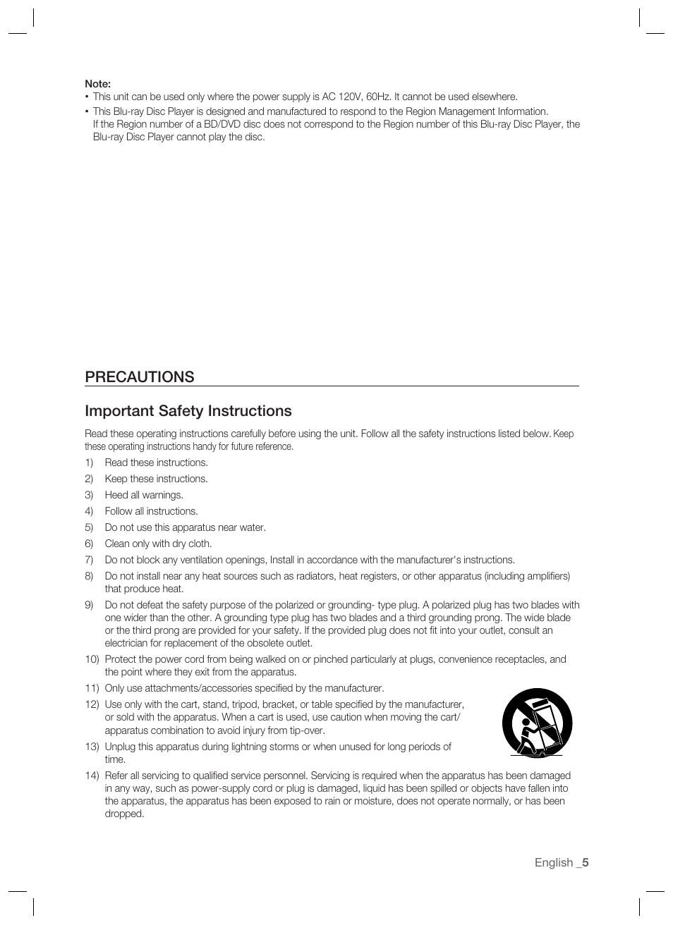 Precautions, Precautions important safety instructions | Samsung BD-P1400-XAA User Manual | Page 6 / 67