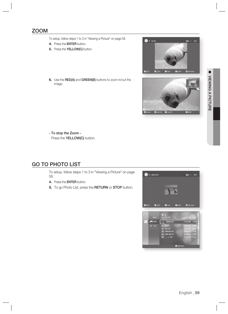 Zoom, Go to photo list, English | Viewing a picture, Press the enter button | Samsung BD-P1400-XAA User Manual | Page 60 / 67