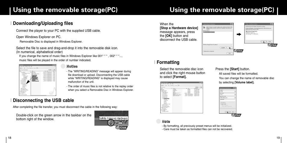 Using the removable storage(pc), Idownloading/uploading files i formatting, Idisconnecting the usb cable | Samsung YP-C1Z-XAA User Manual | Page 10 / 33