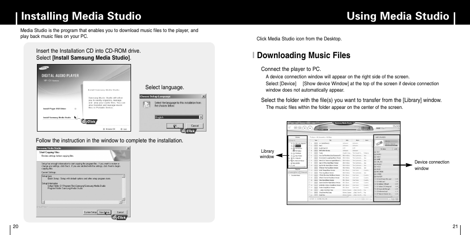 Installing media studio, Using media studio, Using media studio installing media studio | Idownloading music files 1 | Samsung YP-C1Z-XAA User Manual | Page 11 / 33