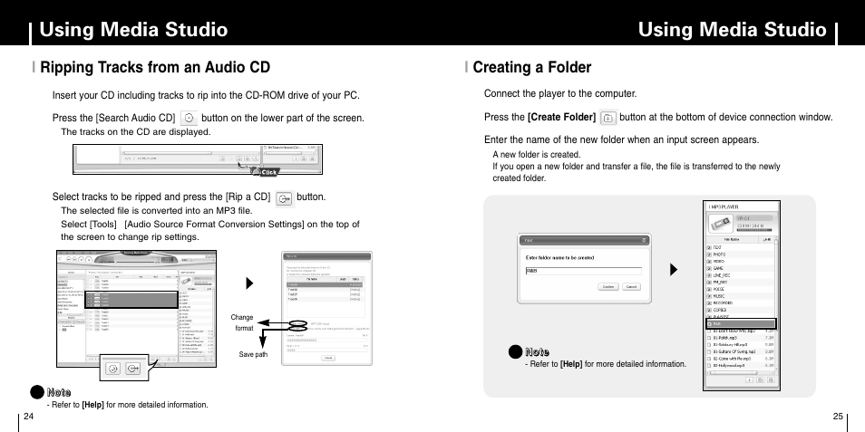 Using media studio, Iripping tracks from an audio cd, Icreating a folder | Samsung YP-C1Z-XAA User Manual | Page 13 / 33