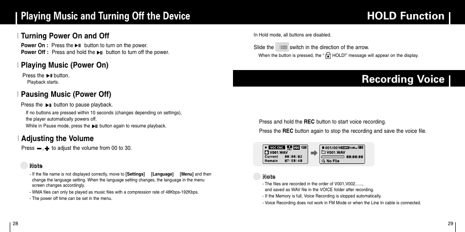 Basic usage, Playing music and turning off the device, Hold function | Recording voice, Iturning power on and off, Iadjusting the volume, Iplaying music (power on), Ipausing music (power off) | Samsung YP-C1Z-XAA User Manual | Page 15 / 33