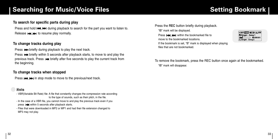 Searching for music/voice files, Setting bookmark, Setting bookmark searching for music/voice files | Samsung YP-C1Z-XAA User Manual | Page 17 / 33