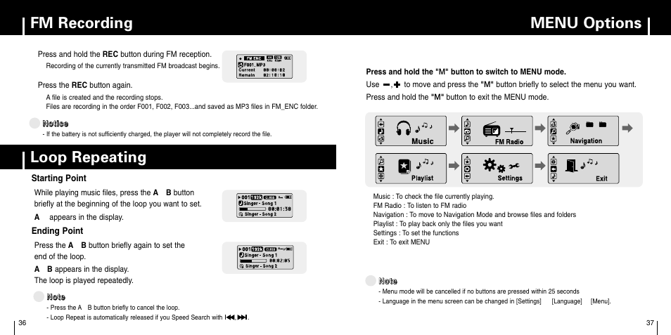 Fm recording, Additional usage, Loop repeating | Menu options | Samsung YP-C1Z-XAA User Manual | Page 19 / 33