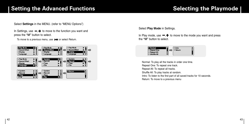 Setting the advanced functions, Selecting the playmode | Samsung YP-C1Z-XAA User Manual | Page 22 / 33
