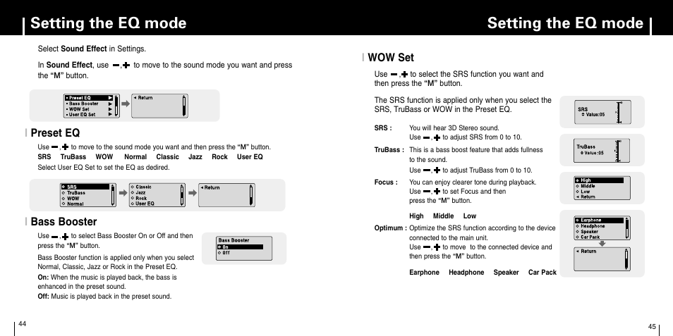 Setting the eq mode, Ipreset eq i wow set, Ibass booster | Samsung YP-C1Z-XAA User Manual | Page 23 / 33