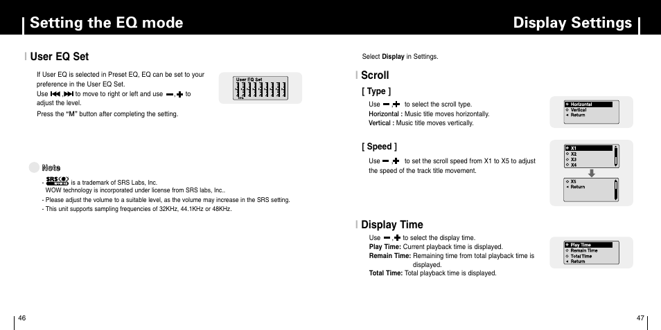 Display settings, Display settings setting the eq mode, Iuser eq set | Idisplay time, Iscroll | Samsung YP-C1Z-XAA User Manual | Page 24 / 33