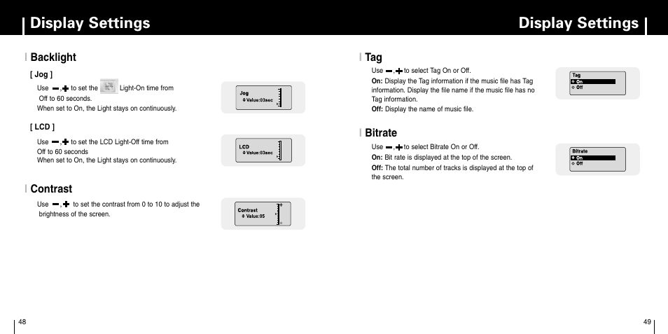 Display settings, Ibacklight i tag i bitrate i contrast | Samsung YP-C1Z-XAA User Manual | Page 25 / 33