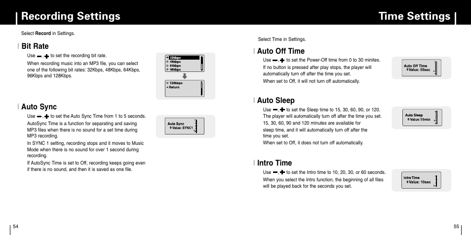 Recording settings, Time settings, Time settings recording settings | Iauto sync | Samsung YP-C1Z-XAA User Manual | Page 28 / 33