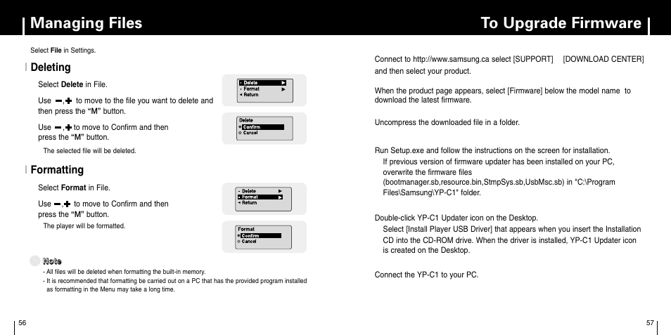 Managing files, To upgrade firmware | Samsung YP-C1Z-XAA User Manual | Page 29 / 33