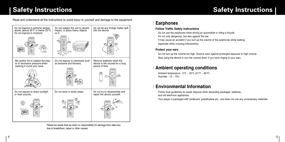 Preparations, Safety instructions, Iearphones | Iambient operating conditions, Ienvironmental information | Samsung YP-C1Z-XAA User Manual | Page 3 / 33