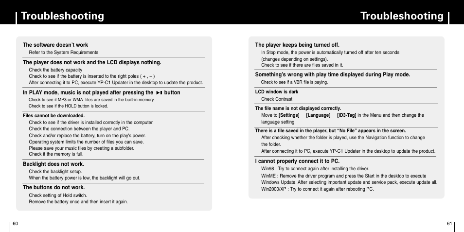 Customer support, Troubleshooting | Samsung YP-C1Z-XAA User Manual | Page 31 / 33