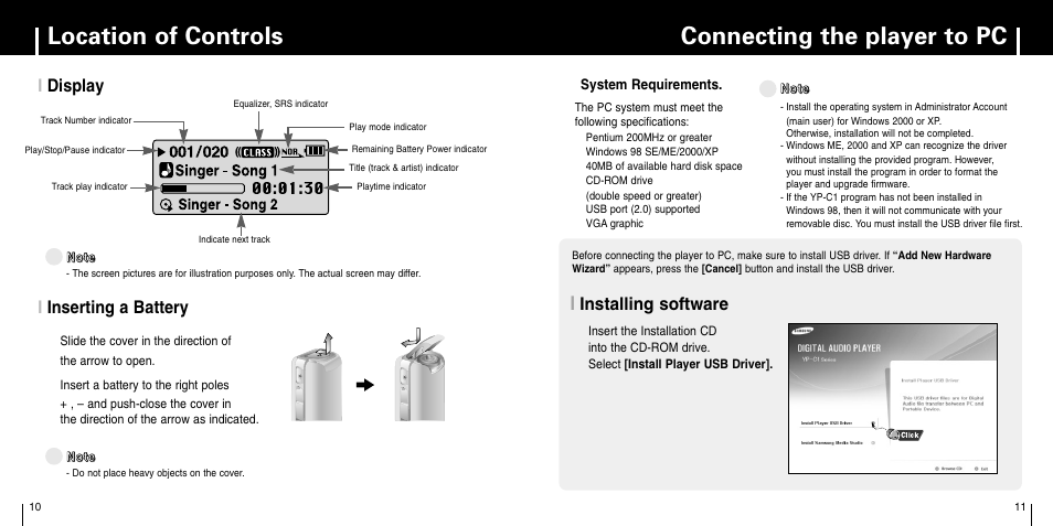 Connection to computer, Connecting the player to pc, Connecting the player to pc location of controls | Idisplay i inserting a battery, Installing software | Samsung YP-C1Z-XAA User Manual | Page 6 / 33