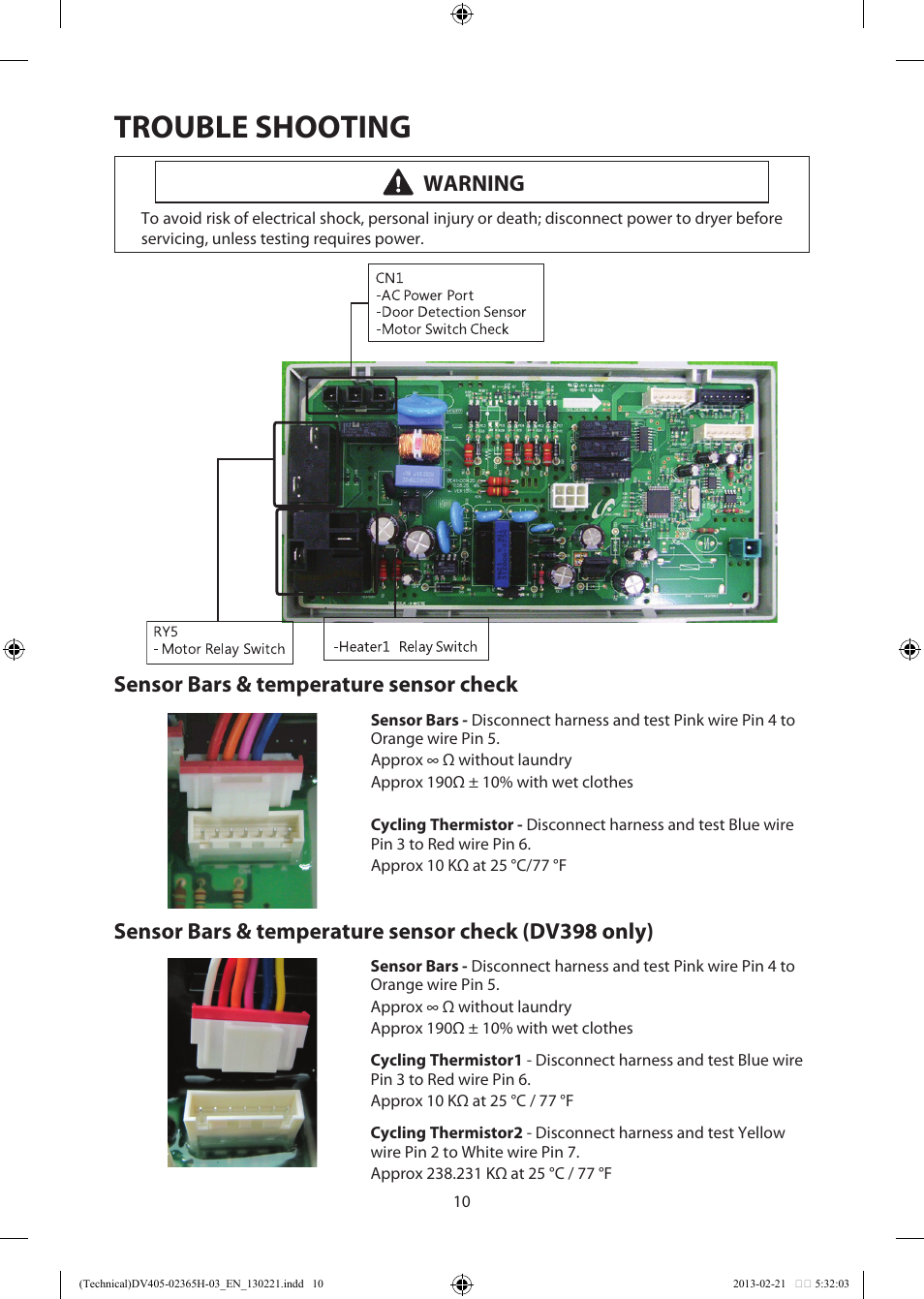 Trouble shooting, Warning, Sensor bars & temperature sensor check | Samsung DV405ETPASU-AA User Manual | Page 10 / 40