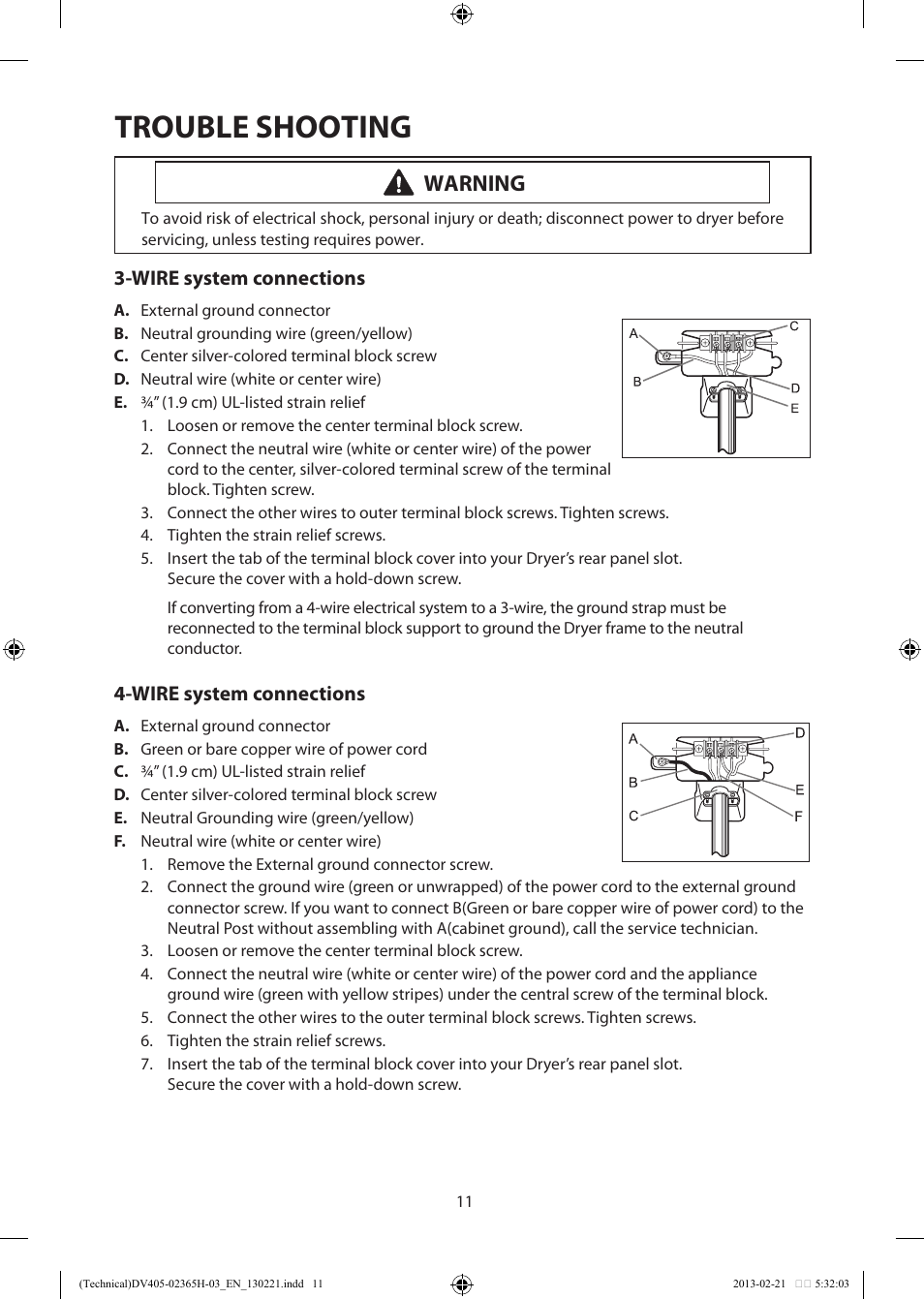 Trouble shooting, Warning | Samsung DV405ETPASU-AA User Manual | Page 11 / 40