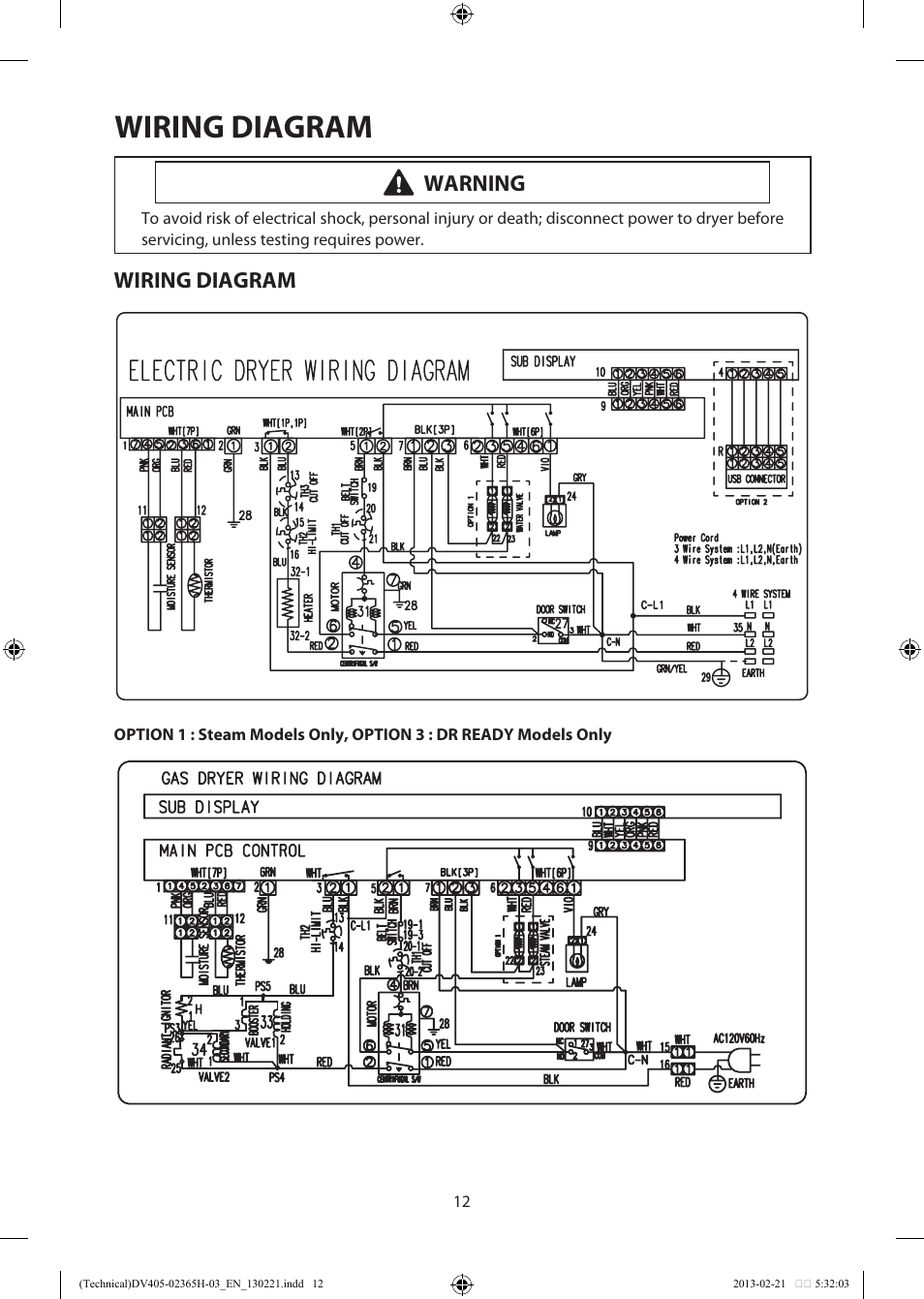 Wiring diagram, Warning | Samsung DV405ETPASU-AA User Manual | Page 12 / 40