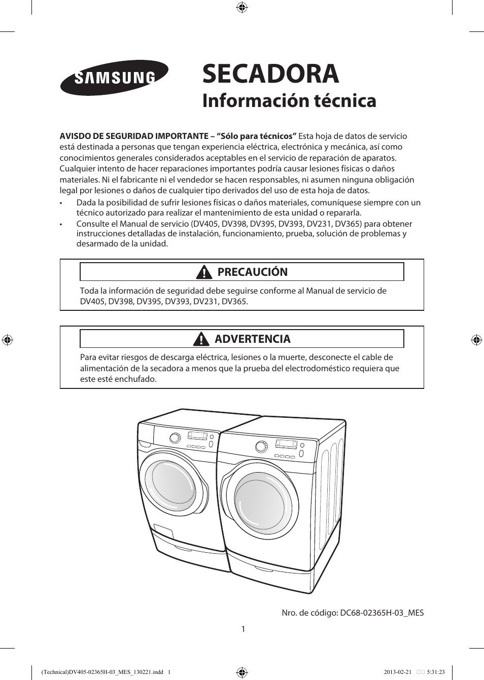 Secadora, Información técnica | Samsung DV405ETPASU-AA User Manual | Page 15 / 40