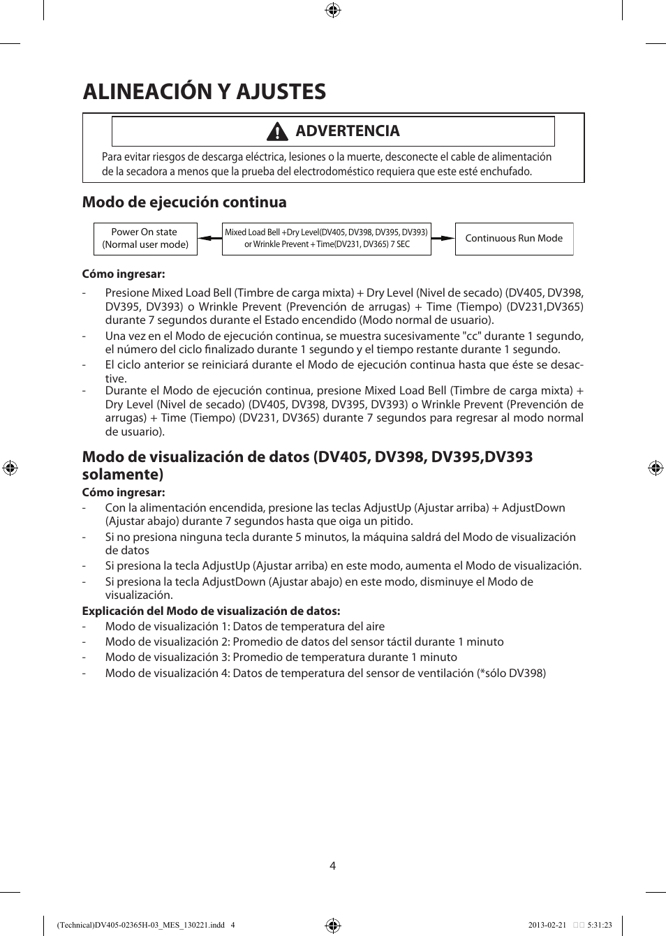 Alineación y ajustes, Modo de ejecución continua, Advertencia | Samsung DV405ETPASU-AA User Manual | Page 18 / 40