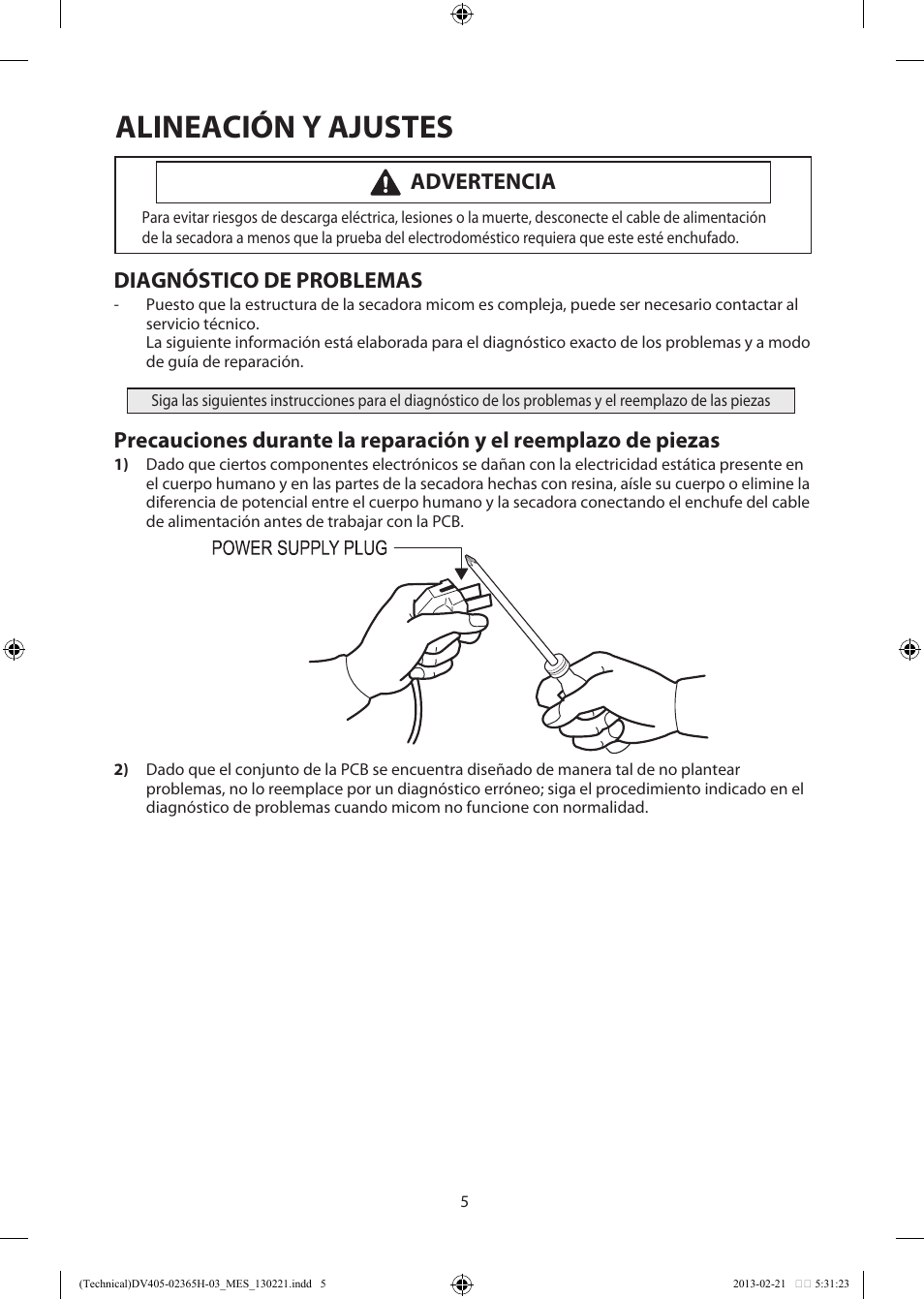 Alineación y ajustes, Diagnóstico de problemas, Advertencia | Samsung DV405ETPASU-AA User Manual | Page 19 / 40