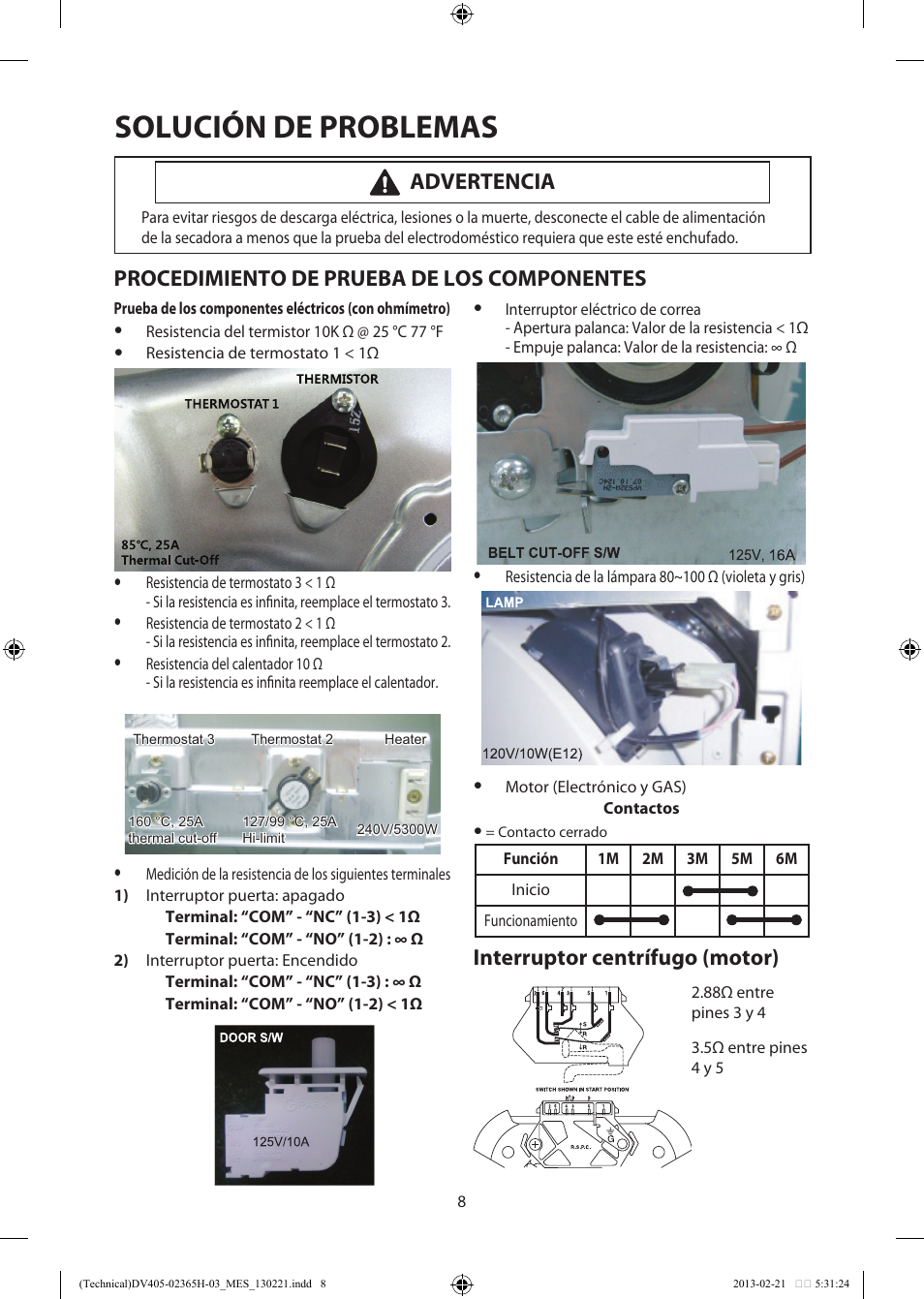 Solución de problemas, Procedimiento de prueba de los componentes, Interruptor centrífugo (motor) | Advertencia | Samsung DV405ETPASU-AA User Manual | Page 22 / 40