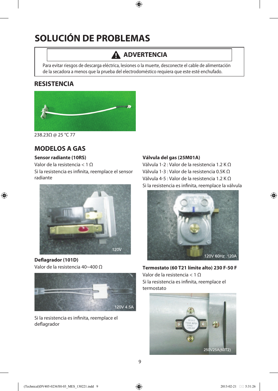 Solución de problemas, Modelos a gas, Advertencia | Resistencia | Samsung DV405ETPASU-AA User Manual | Page 23 / 40