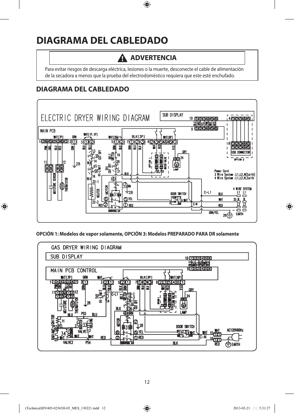 Diagrama del cabledado, Advertencia | Samsung DV405ETPASU-AA User Manual | Page 26 / 40