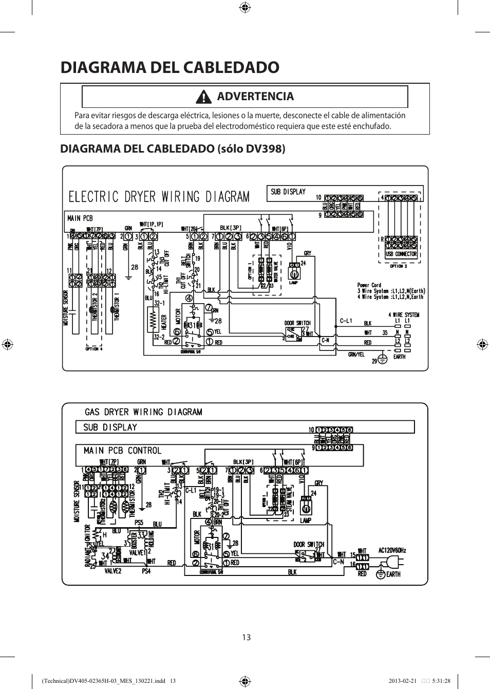 Diagrama del cabledado, Diagrama del cabledado (sólo dv398), Advertencia | Samsung DV405ETPASU-AA User Manual | Page 27 / 40