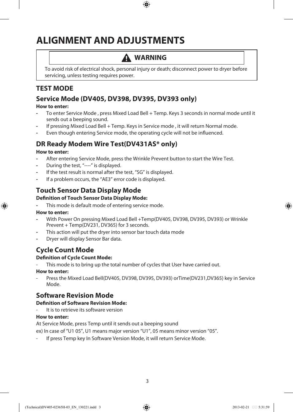 Alignment and adjustments, Dr ready modem wire test(dv431as* only), Touch sensor data display mode | Cycle count mode, Software revision mode, Warning | Samsung DV405ETPASU-AA User Manual | Page 3 / 40