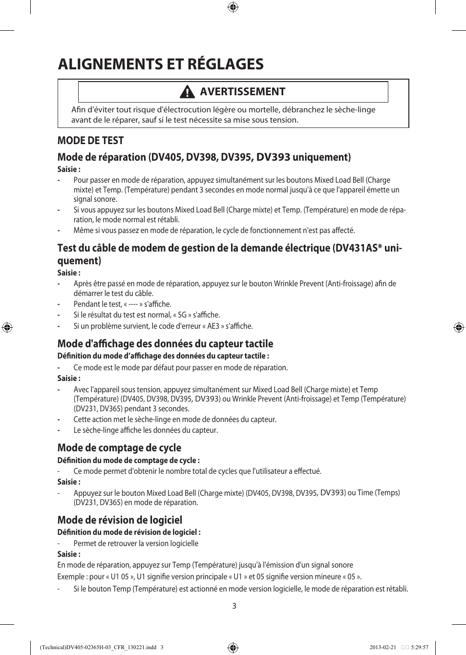 Alignements et réglages, Mode d'affichage des données du capteur tactile, Mode de comptage de cycle | Mode de révision de logiciel, Avertissement | Samsung DV405ETPASU-AA User Manual | Page 30 / 40