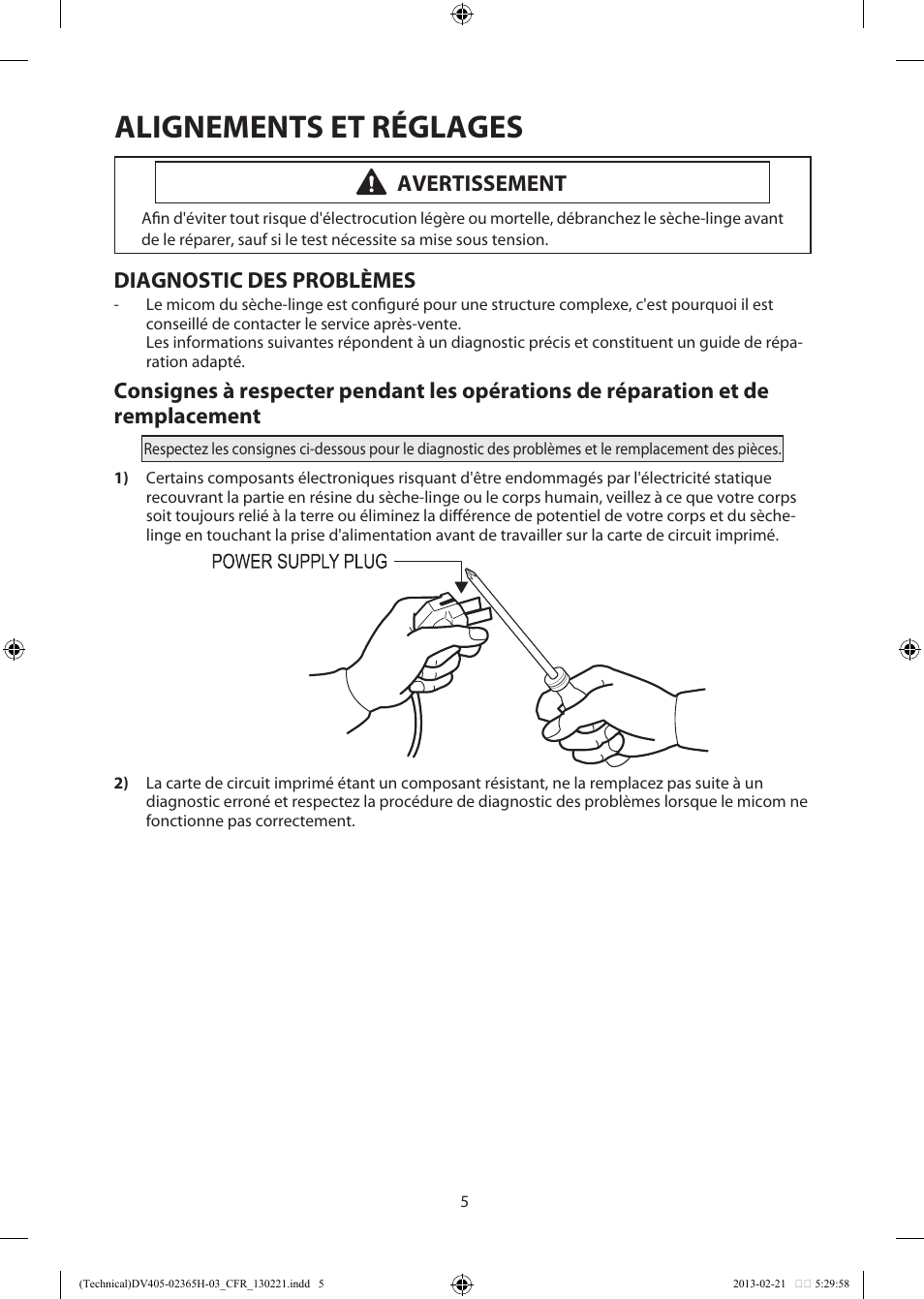 Alignements et réglages, Diagnostic des problèmes, Avertissement | Samsung DV405ETPASU-AA User Manual | Page 32 / 40