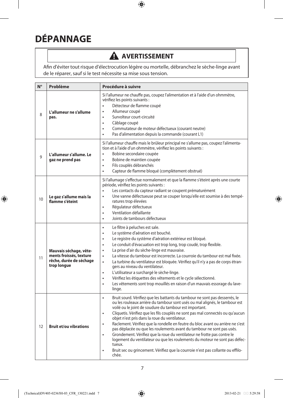 Dépannage, Avertissement | Samsung DV405ETPASU-AA User Manual | Page 34 / 40