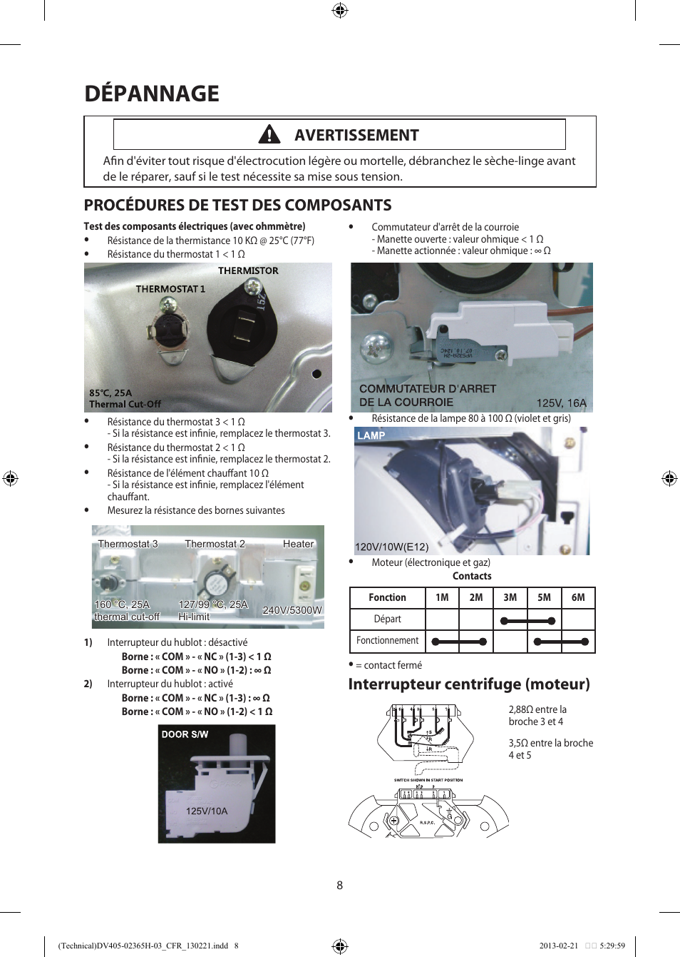 Dépannage, Avertissement, Procédures de test des composants | Interrupteur centrifuge (moteur) | Samsung DV405ETPASU-AA User Manual | Page 35 / 40