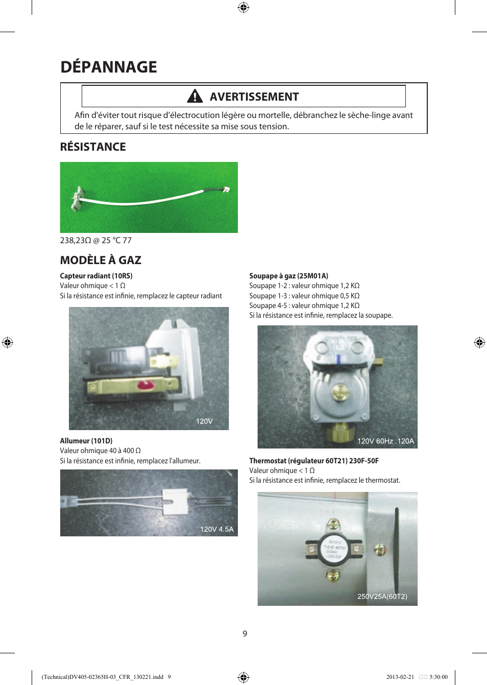 Dépannage, Modèle à gaz, Avertissement | Résistance | Samsung DV405ETPASU-AA User Manual | Page 36 / 40