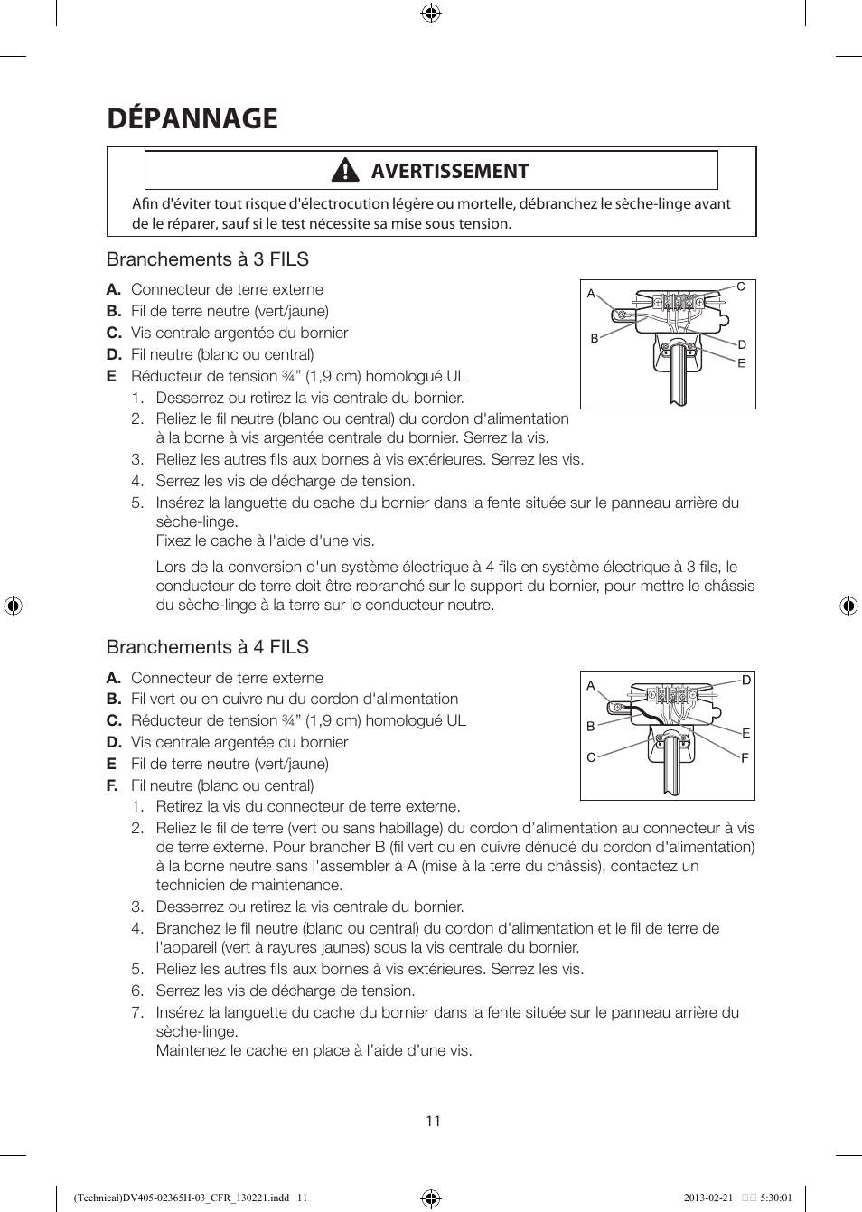 Dépannage, Avertissement | Samsung DV405ETPASU-AA User Manual | Page 38 / 40