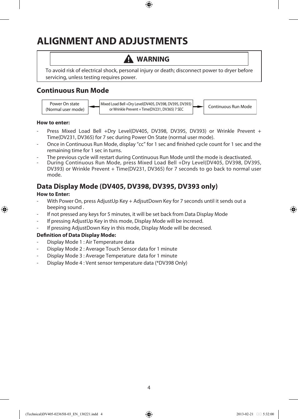 Alignment and adjustments, Continuous run mode, Warning | Samsung DV405ETPASU-AA User Manual | Page 4 / 40