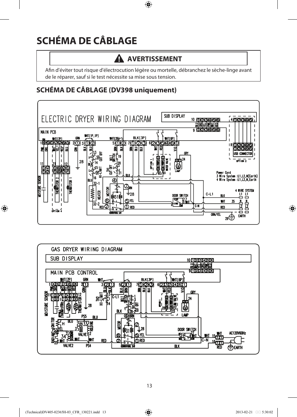 Schéma de câblage, Schéma de câblage (dv398 uniquement), Avertissement | Samsung DV405ETPASU-AA User Manual | Page 40 / 40