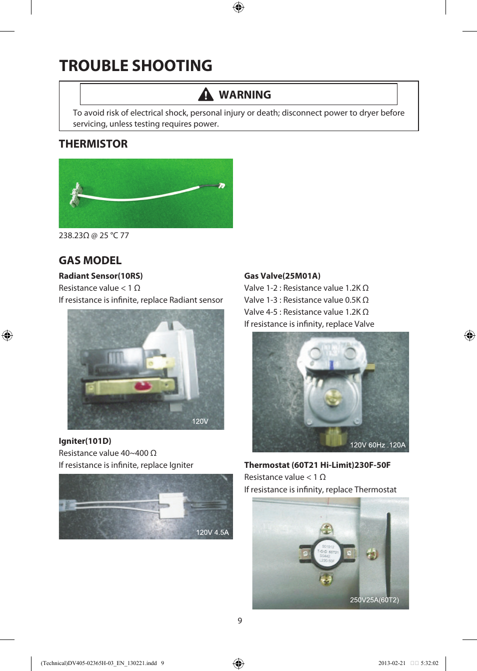 Trouble shooting, Gas model, Warning | Thermistor | Samsung DV405ETPASU-AA User Manual | Page 9 / 40