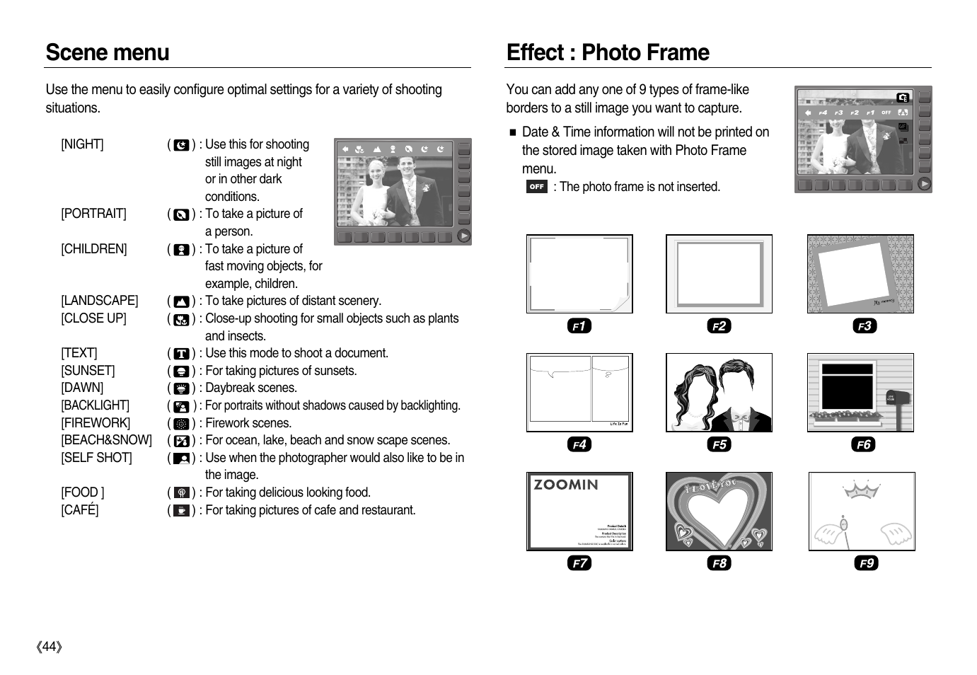 Scene menu effect : photo frame | Samsung EC-NV8ZZRBA-US User Manual | Page 45 / 102