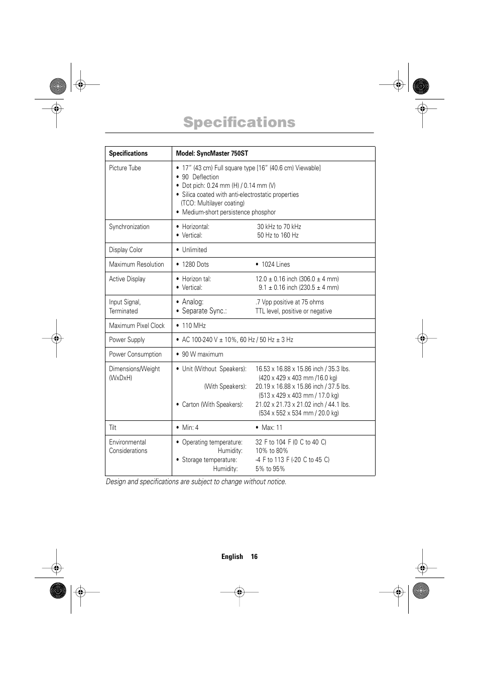 Specifications | Samsung TP17LS7LSO-XBM User Manual | Page 18 / 21